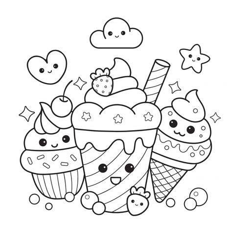 Cupcake Coloring Pages, Ice Cream Coloring Pages, Kindergarten Coloring Pages, Food Coloring Pages, Preschool Coloring Pages, Kitty Coloring, Spring Coloring Pages, Kawaii Illustration, Easy Coloring Pages