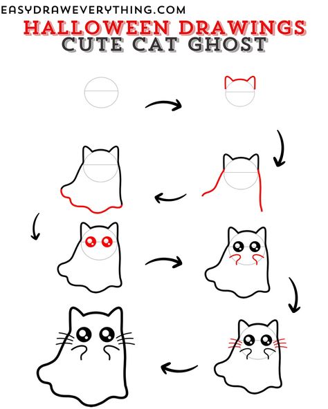 Cute cat ghost How To Draw A Skeleton Easy, Ghost Cat Drawing, Ghost Drawing Easy, Drawing For Halloween, Draw Ghost, Kid Activites, Ghost Drawing, Pumpkin Drawing, Diy Drawing