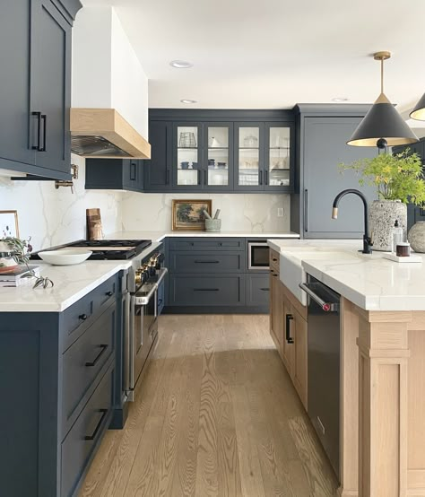 Oxford Blue Kitchen Cabinets, Navy Island Wood Cabinets, Wood Island Blue Cabinets, Oak And Blue Kitchen, Blue Upper Cabinets Wood Lower, Blue And Wood Kitchen Cabinets, Project Source Cabinets, Blue And Natural Wood Kitchen, Navy Lower Cabinets Wood Upper