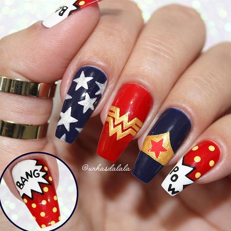 Wonder Woman Nails, Superhero Nails, Marvel Nails, Unghie Nail Art, Nail Art Disney, Crazy Nails, Disney Nails, Beautiful Nail Designs, Cute Nail Art