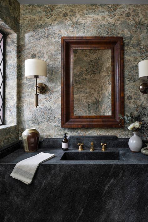 Jake Arnold Powder Room, Wallpaper Powder Bath, Tudor Revival Interior, Powder Room Interior Design, Sustainable Interior, Sustainable Interior Design, Park Hill, Furniture Office, Powder Rooms