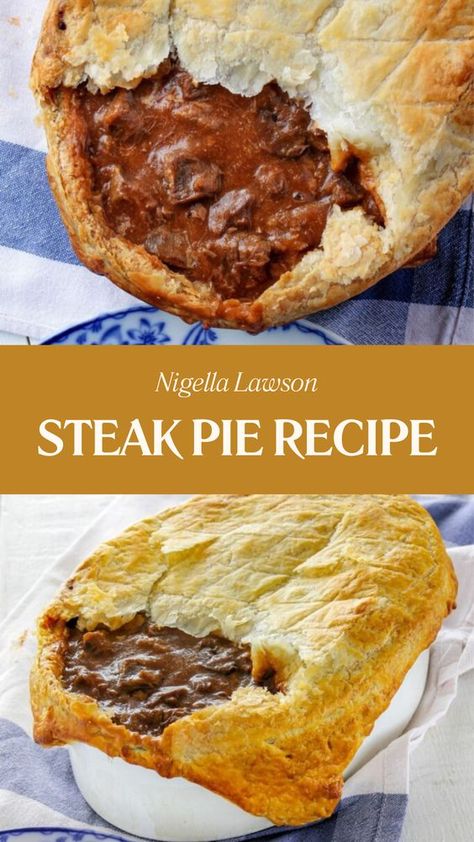 Nigella’s Steak Pie Recipe is a hearty and comforting dish featuring tender chunks of chuck steak simmered in a rich gravy made with onions, garlic, and flavorful seasonings. Featuring a fluffy puff pastry topping, this dish is excellent for a crowd serving 6 people. Peper Steak, Steak Pie Recipe, Beef Pie Recipe, Comfy Kitchen, Irish Foods, Nigella Lawson Recipes, Ale Pie, Steak Pie, English Recipes