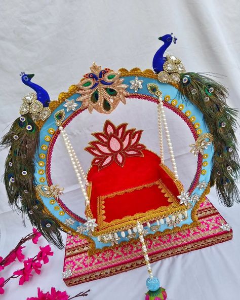 Kanhaji's Jula for Janmastami ...with both side peacock 🦚🦚 Fully detachable Size 15 inch round..outer peacock 2 inch both sided Sitting 7 inch .. DM us for more details or WhatsApp us on 9867422790 Radhashtami Decoration, Ladu Gopal Jhula Decoration, Jhula Decoration, Krishna Decoration, Krishna Baby, Peacock Decoration, Aarti Thali, Thali Decoration, Thali Decoration Ideas