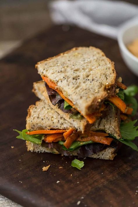 Meal Prep Sandwiches, Carrot Sandwich, 20 Grams Protein, Sunflower Cream, Cheese And Pickle Sandwich, Roasted Carrot, Seasonal Eating, Cooking Lunch, Vegan Roast