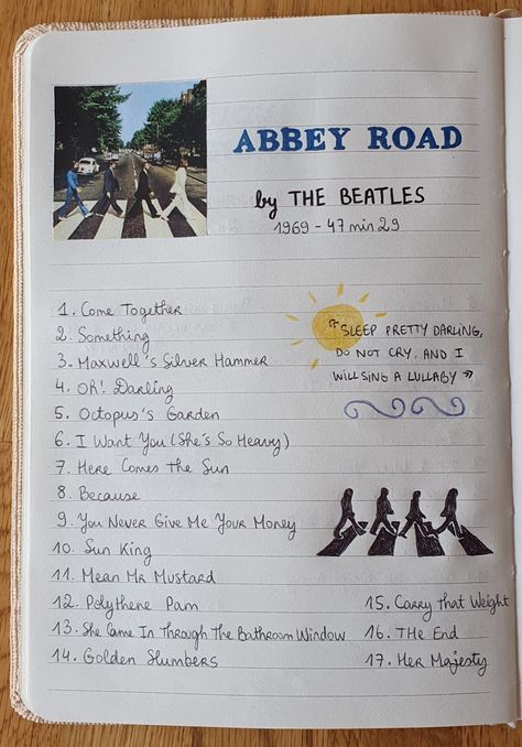 Here Comes The Sun The Beatles, Abbey Road Drawing, Album Review Journal, The Beatles Aesthetic Art, The Beatles Drawing, The Beatles Quotes, Beatles Lyrics Art, Abbey Road The Beatles, Lyrics Journal