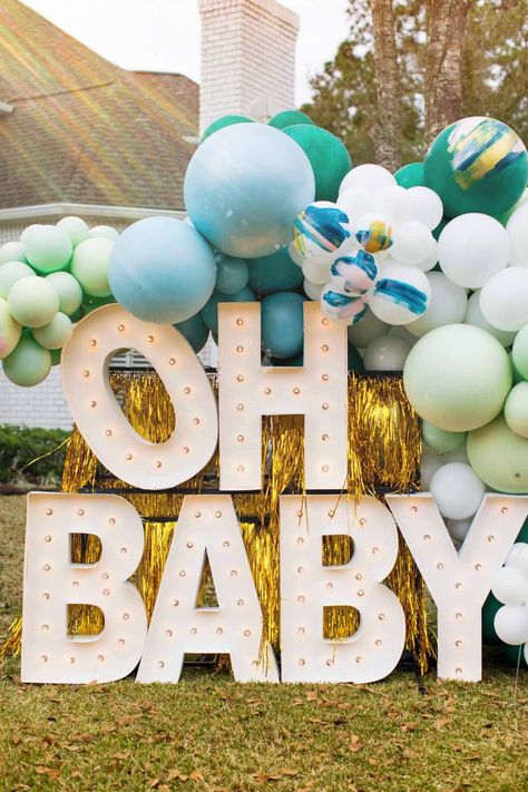 Baby Shower Planning Checklist, Baby Shower Venues, Shower Balloons, Photo Frame Prop, Baby Shower Deco, Gender Party, Boy Diy, Virtual Baby Shower, Light Letters