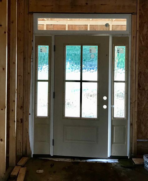 Vapor glass front door.  Can't wait to see this finished. Vapor Glass Front Door, Rain Glass Front Door, Transitional Front Door, Glass Front Door Privacy, Farmhouse Doors, Front Doors With Windows, Privacy Glass, Glass Front Door, Side Lights