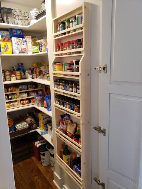 Spice Rack On Pantry Door, Remodel Pantry, Pantry Door Storage, Door Mounted Spice Rack, Door Spice Rack, Pantry Closet Design, Pantry Layout, Open Pantry, Closet Pantry