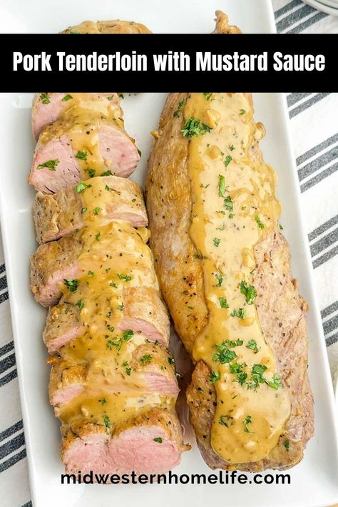 One-pan Mustard Pork Tenderloin is tender and juicy with a savory Dijon mustard sauce that cooks in about 30 minutes. Fast, easy pork tenderloin recipe is simple enough for a weeknight meal and elegant enough for a special occasion. Easy Pork Tenderloin Recipe, Creamy Dijon Sauce, Oven Roasted Pork Tenderloin, Easy Pork Tenderloin Recipes, Pork Tenderloin Marinade, Dijon Mustard Sauce, Easy Pork Tenderloin, Creamy Dijon, Mustard Pork Tenderloin