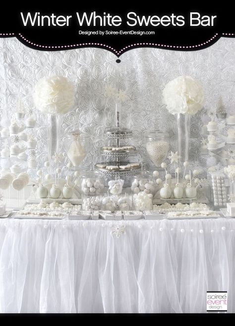 Winter White Bridal Shower Sweets Table designed by Soiree-EventDesign.com featuring LOTS of gourmet sweets from the hottest sweets vendors! Winter Bridal Shower Themes, Tulle Tablecloth, Bridal Shower Sweets, White Party Theme, White Party Decorations, Winter Bridal Showers, Winter Wonderland Baby Shower, White Baby Showers, White Bridal Shower