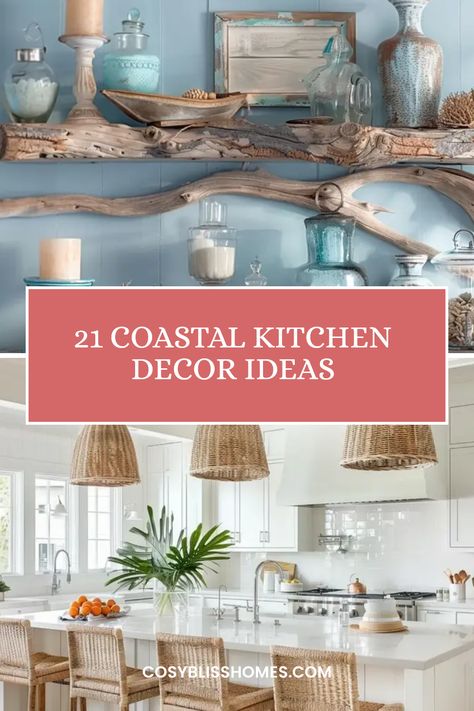 Ready to turn your kitchen into a seaside escape? Check out these 21 coastal kitchen decor ideas for a breezy transformation! From upcycled finds that add charm to lighting that mimics sunshine, each update evokes beachy vibes. Whether you love nautical elements or chic coastal colors, these tips will invite the fresh feel of the ocean into your home. Discover how subtle changes can create a welcoming, relaxed atmosphere. Spice up your cooking space with ocean-inspired decor and bring a piece of the beach right into your heart of the home! Coastal Decor Above Kitchen Cabinets, Small Beach Kitchen, Kitchen Beach Theme, Modern Tropical Kitchen, Beachy Backsplash, Coastal Kitchen Remodel, Cabinet Top Decor, Beach Themed Kitchen, Coastal Modern Kitchen