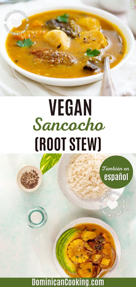 For the vegans and vegetarians who still love their sancocho (root stew) I've created a simple vegan 'sancocho' recipe that is hearty and filling. So what makes this soup a sancocho? Protein, lots of carbohydrate-rich vegetables (taro, cassava, yam, plantains), and strong flavors. I hope you enjoy it! Brazilian Soup Recipes, Vegan Peruvian Recipes, Dominican Vegan Recipes, Vegan Latin Recipes, Vegan Sancocho Recipe, Vegetarian Sancocho, Vegan Puerto Rican Recipes, Vegan Sancocho, Puerto Rican Sancocho Recipe