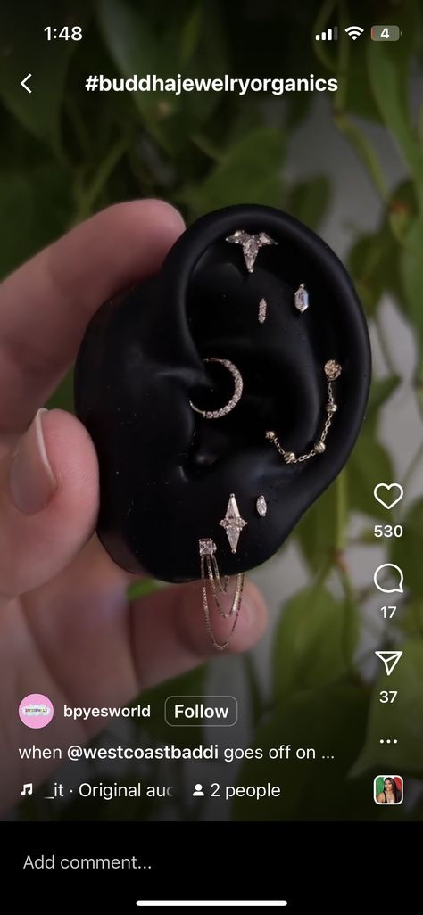 Ear Piercing Scapes, Ear Piercings Witch, Goth Ear Piercings, Ear Piercings Dark Aesthetic, Ear Piercing Curation, Ear Curation, Gothic Ear Piercings Aesthetic, Ear Piercing Set Up Goth, Goth Ear Curation