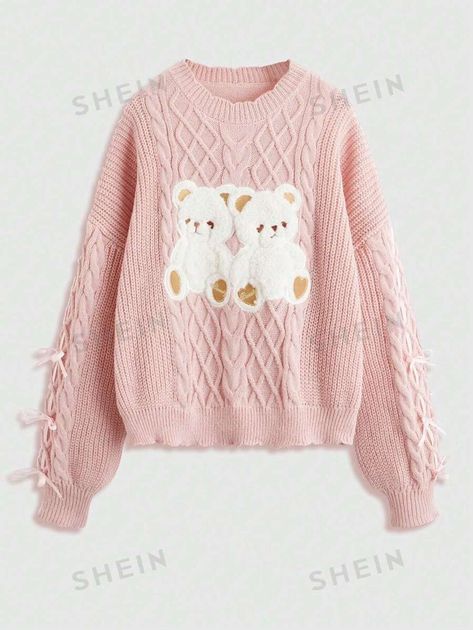 ROMWE Kawaii Bear Pattern Lace Up Cable Knit Sweater | SHEIN USA Romwe Kawaii, Kawaii Bear, Cable Knit Sweater Womens, Boss Baby, Women Sweaters, Fleece Sweater, Bear Pattern, Cable Knit Sweater, Baby Sweaters