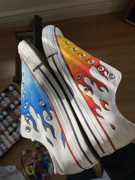 Flame Shoes Diy, Painting White Converse, Custom Converse Paint, Converse Painted Shoes Ideas, Customized Converse Ideas, Converse Diy Painted, Shoe Painting Ideas Converse, Painting On Sneakers, Converse Custom Art