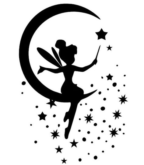 New Moon Spell To Remove Evil Spirits Fairy Sitting On Moon, Moon Stencil, Disney Stencils, Sitting On Moon, Fairy Stencil, Disney Silhouette Art, Fairy Sitting, Airbrush Tattoo, Disney Silhouette