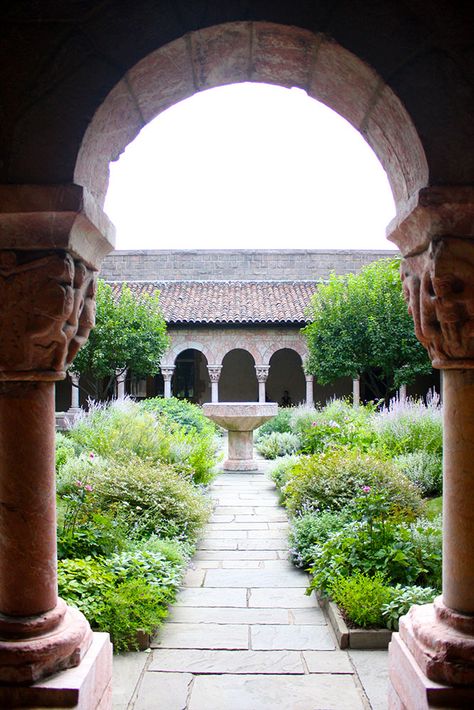 CHAP 8: This is actually a NYC Cloister so it is more modern, but it still works! A cloister is an open courtyard that is adjacent to the church. Some cloisters were covered by an ambulatory around all sides off of which access could be gained to other buildings and parts of the monastery. I just really think that it is very beautiful and well crafted. It makes me happy inside. Cloisters Nyc, Arabic Garden, Cloister Garden, Open Courtyard, Paradise Garden, Washington Heights, The Cloisters, Wall Garden, Garden Pathway