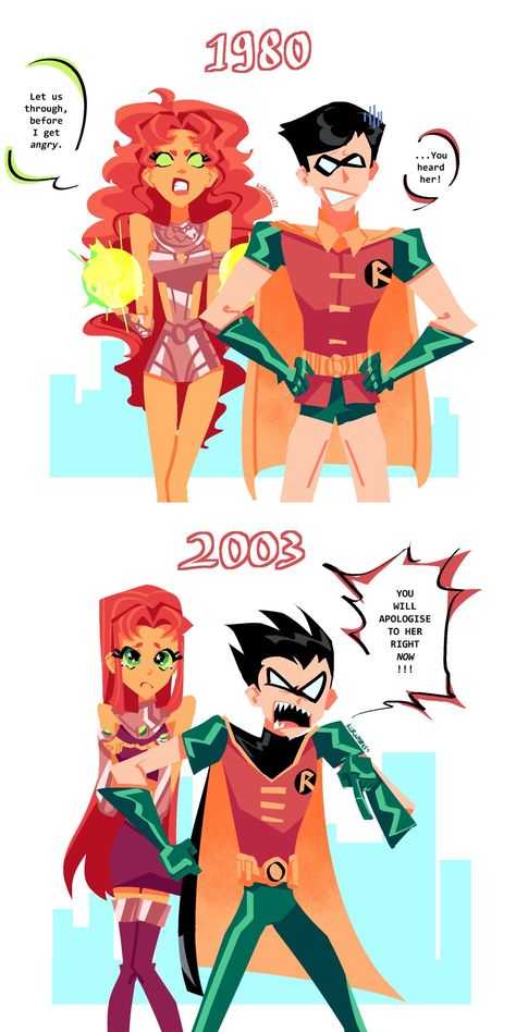 Robin and Starfire Red X Starfire, Nightwing And Starfire Halloween, The Flash Matching Pfp, Superhero Oc Ideas, Starfire And Nightwing Fan Art, Teen Titans Go Robin X Starfire, 90s Starfire, Wally X Robin, Nightwing And Starfire Fanart