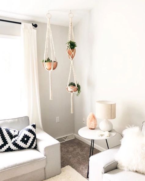 Macrame Plant Hanger In Living Room, Hanging Macrame Planter Living Room, Plant Hanger Living Room, Macrame Plant Hanger In Bedroom, Boho Living Room Macrame, Macrame Plant Decor, Hanging Plant Living Room, Macrame Interior Design, Macrame Plant Hanger Room