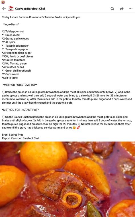 Tamatie Bredie South Africa, Vleis Geregte, Beef Oxtail, Baked Bbq Ribs, Sweet Crepes Recipe, South African Dishes, Chicke Recipes, Homemade Beef Stew, African Cooking