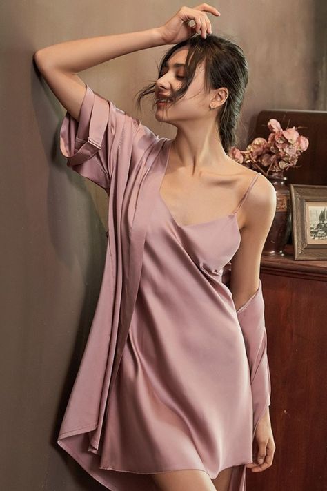 Sexy Robe Set Kimono Bathrobe Gown Women Summer Sleepwear Loose Casual Nightwear Backless Nightgown Silk Satin Home Dress Satin Sleepwear Dress, Night Gowns For Women, Women Nightwear Dresses, Gown Casual, Night Gown Lingerie, Silk Nightdress, Night Wear Dress, Kimono Bathrobe, Night Gown Dress