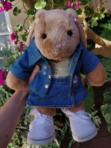 Build a bear Pawlette bunny wearing a cute denim outfit and white sneakers Pawlette Bunny Aesthetic, Preppy Build A Bear, Pawlette Bunny, Build A Bear Aesthetic Outfit, Cute Build A Bears Aesthetic, Build A Bear Bunny Outfit, Build A Bear Bunny Aesthetic, Build A Bear Pawlette Aesthetic, Build A Bear Outfits Aesthetic