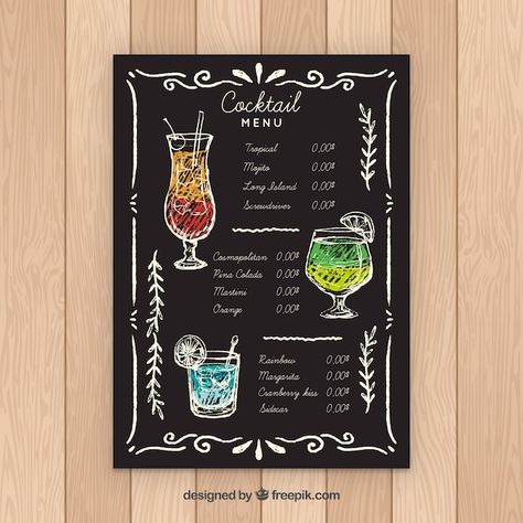 Cocktail menu template in blackboard sty... | Free Vector #Freepik #freevector #cocktail-menu #alcohol-menu #drink-menu #bar-menu Bar Chalkboard Ideas, Blackboard Menu, Drink Menu Design, Juice Menu, Colorful Restaurant, Menu Sans Gluten, Smoothie Menu, Tea Restaurant, Halloween Menu