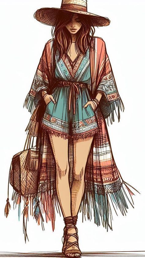 Bohemian Fashion Illustration, Boho Beach Outfit Bohemian, Women Fashion Drawing, Freedom Outfits, Bohemian Illustration, Boho Beach Outfit, Beach Style Outfit, Fashion Design Books, Bohemian Style Clothing