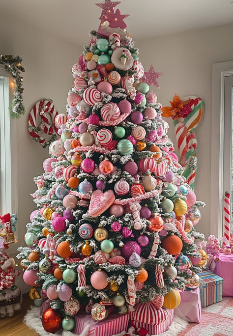 Candy-Themed Christmas Tree Decor Ideas Peppermint Theme Christmas Tree, Decorations For Pink Christmas Tree, Gumdrop Tree Christmas, Christmas Tree Ideas Candyland, Gumdrop Christmas Tree, Christmas Decor Candy Theme, Candy Wonderland Christmas Decor, Candy Land Theme Christmas Tree, Candy Trees Christmas