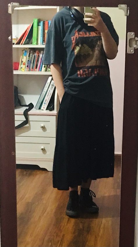 i tried my moms skirt and it doesnt look that bad- Big T Shirt Long Skirt, Long Skirts With Tshirts Outfit, Long Skirt Big Shirt, Long Skirt Baggy Shirt, Baggy Shirt And Skirt, Masculine Skirt Outfit, Long Skirt Tshirt Outfit, Masc Skirt Outfit, Band Tee And Skirt Outfit