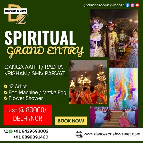 ✨ Experience the Spiritual Grand Entry with Dance Zone by Vineet! ✨ Immerse yourself in the divine aura of Ganga Aarti and the enchanting tales of Radha-Krishna and Shiv-Parvati as we unveil a mesmerizing spectacle at your special event. Our expert team brings to life the essence of spirituality through a captivating performance that combines grace, tradition, and cultural richness. Featuring: 🌟 12 Artists performing traditional and contemporary interpretations. 🌫️ Fog Machine/Matka Fog for... Artists Performing, Wedding Choreography, Ladies Sangeet, Shiv Parvati, Bride Entry, Grand Entry, Fog Machine, Dance Instructor, Solo Performance