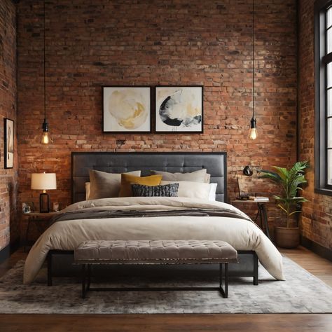 A chic urban loft bedroom with modern-industrial elements, including exposed brick walls, a metal-framed bed, and abstract art, blending city vibes with comfort. #LoftBedroom #ModernIndustrial #ExposedBrick #MetalFramedBed #AbstractArt Red Brick Wall Bedroom, Red Brick Bedroom, Brick Wall Bedroom Ideas, Brick Bedroom Ideas, Classy Bed, Exposed Brick Bedroom, Small Bedroom Decor Ideas For Women, Bedroom Brick Wall, Brick Wall Bedroom