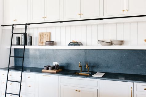 design |    @gatherprojects     staging |    @lexigracedesign Blue Countertops, Metal Interior Design, Soapstone Kitchen, Kitchen Color Trends, Best Kitchen Colors, Kitchen Ladder, Soapstone Countertops, Marble Kitchen, White Kitchens