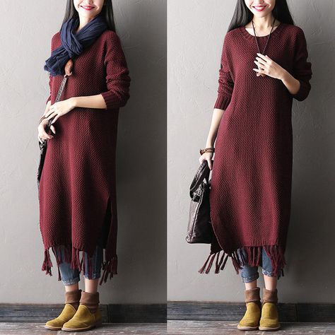 Women long loose sweater - Tkdress  - 1 Winter Suits For Women Indian, Diy Kurti, Woollen Dresses, Long Tunics For Women, Woolen Sweater Design, Suits For Women Indian, Winter Mode Outfits, Woolen Clothes, Woolen Dresses