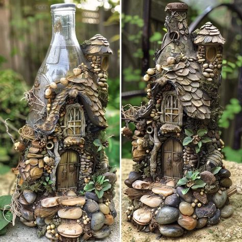 Jar Fairy House, Fairy House Crafts, Fairy House Diy, Fairy Garden Designs, Fairy Garden Crafts, Faeries Gardens, Fairy Crafts, Fairy Garden Houses, Garden Art Sculptures Diy