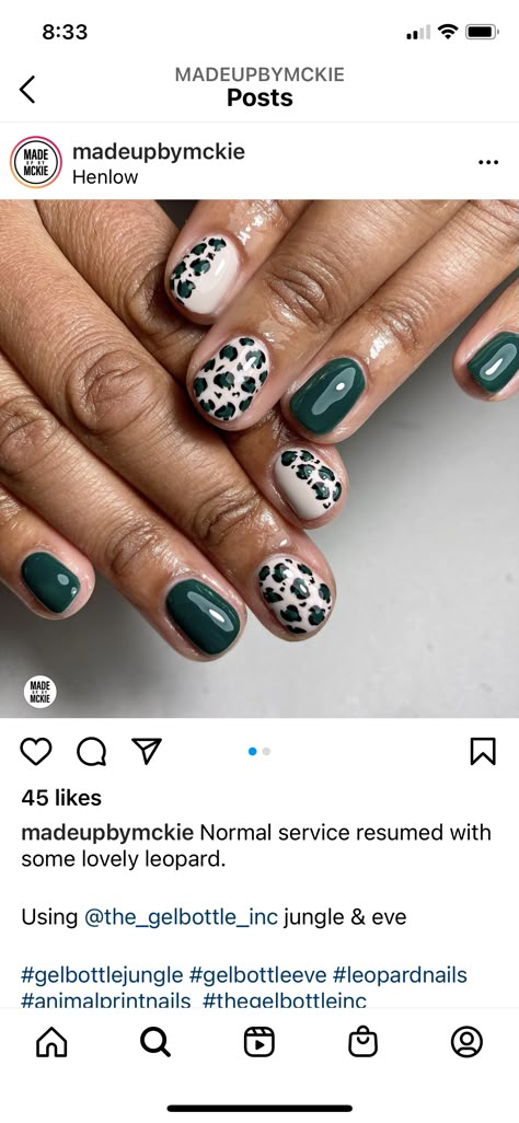 Matte Green Nails With Leopard, Olive Green Leopard Nails, Green Nails With Leaf Design, Red And Green Leopard Nails, Safari Nails Designs Green, Autumn Leopard Print Nails, Green And Cheetah Nails, Safari Nail Ideas, Safari Theme Nails