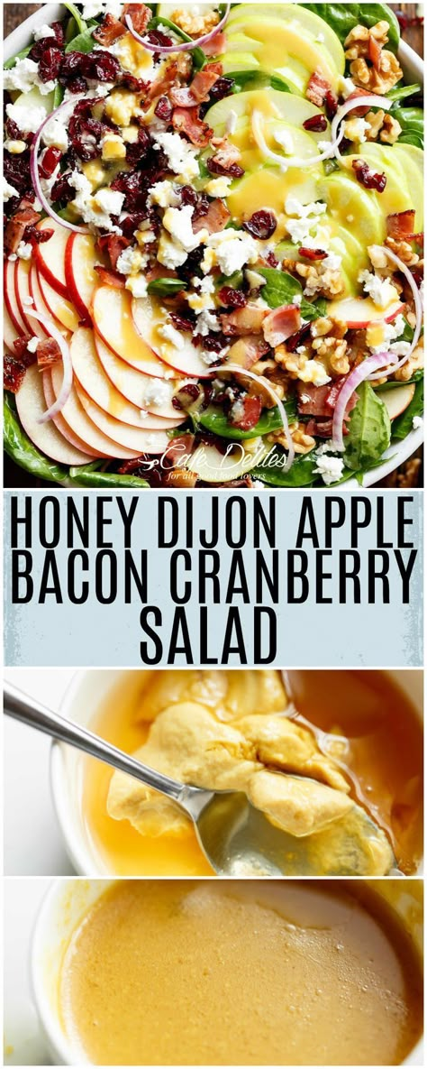 Honey Dijon Apple Bacon Cranberry Salad screams FALL! Cranberries, Spinach, Walnuts And BACON! All drizzled with the most perfect Honey Dijon Dressing! Cranberry Salad, Honey Dijon, Bacon Salad, Autumn Salad, Best Salad Recipes, Salad Ideas, Apple Salad, Salad Side Dishes, Dinner Salads