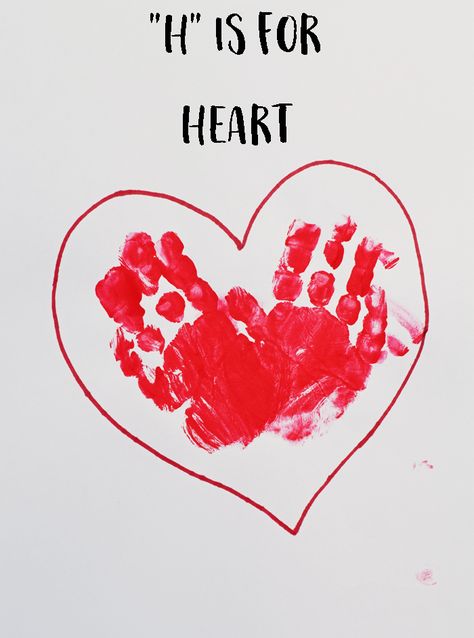 Heart Handprint Art, Letter H Handprint Art, Crafts For Letter H Preschool, Letter H Footprint Craft, H Is For Craft Hand Prints, Letter H Art For Toddlers, Love Art For Toddlers, Letter H Projects For Preschool, Letter H Toddler Crafts