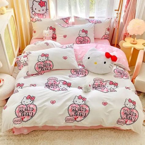 Buy Sanrio Hello Kitty Bedding Set Cute Cotton Four Piece Double Queen Size Bed Linens Pillowcase Girl Dorm Bedclothes Home Textile at Walmart.com Hello Kitty Bedding, King Quilt Bedding, Hello Kitty Bed, Girl Dorms, Queen Size Bed, Bed Linens, Quilted Bedspreads, Linen Pillow Cases, Dorm Bedding