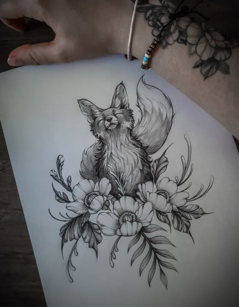 Available on insta @tattoo_studink Fox Tattoo With Flowers, Fox Arm Tattoo, Fox And Flowers Tattoo, Front Thigh Tattoos, Insta Tattoo, Fox And Flowers, Underarm Tattoo, Fox Tattoo Design, Arm Sleeve Tattoos For Women