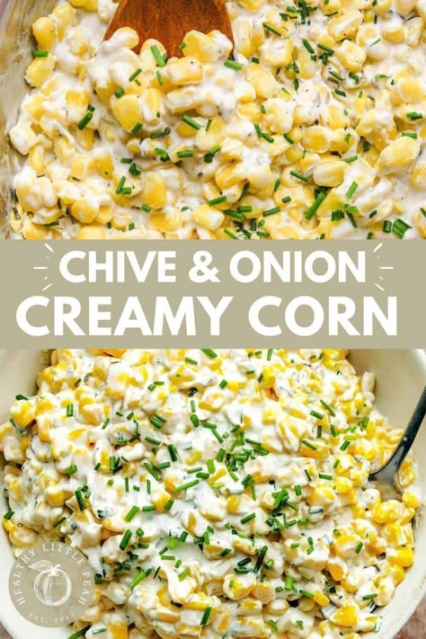 This easy, crowd-pleasing chive and onion cream cheese corn dip is a delicious, 10-minute recipe made with frozen corn & cream cheese. Serve with chips or a sliced baguette. Dairy-Free option included! Cream Cheese Corn Dip, Cheese Corn Dip, Chive And Onion Cream Cheese, Corn Cream Cheese, Chive Cream Cheese, Healthy Little Peach, Friendsgiving Potluck, Corn Cream, Chives Recipe