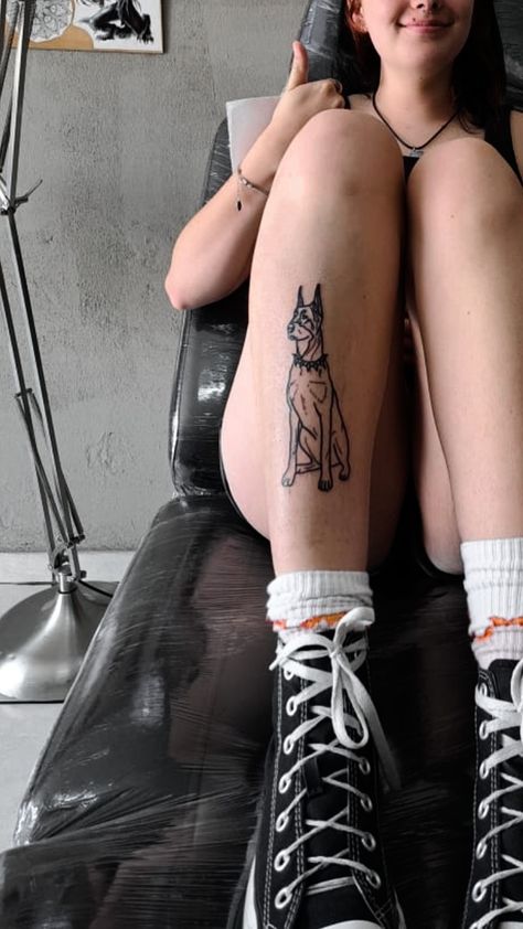 Dog Tattoo On Leg, Doberman Leg Tattoo, Dog Leg Tattoo, Doberman Dog Tattoo, Majestic Poses, Majestic Dog, Doberman Tattoo, Shin Tattoo, Minimalist Tattoo Ideas