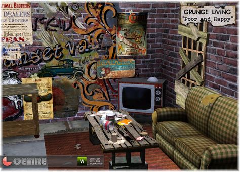 Grunge Living Poor and Happy, by Cemre for thesimsresource.com  Found in TSR Category 'Sims 3 Living Room Sets' Sims 3 Living Room, Sims 4 Cc Goth, Grunge Decor, Punk House, Sims 4 Cc Furniture Living Rooms, Room Grunge, Sims 3 Cc, Grunge Bedroom, Sims 3 Cc Finds