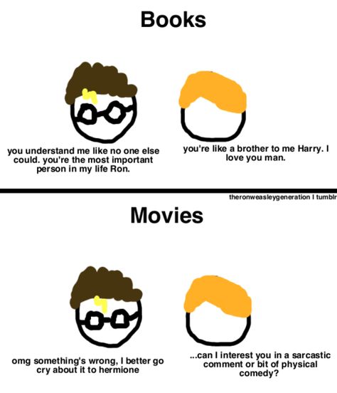 Book Vs Movie, Books Vs Movies, Tumblr Movie, Potter Fanart, Harry Potter Pin, Harry Potter Headcannons, Harry Potter Jokes, Harry Potter Love, Harry Potter Books