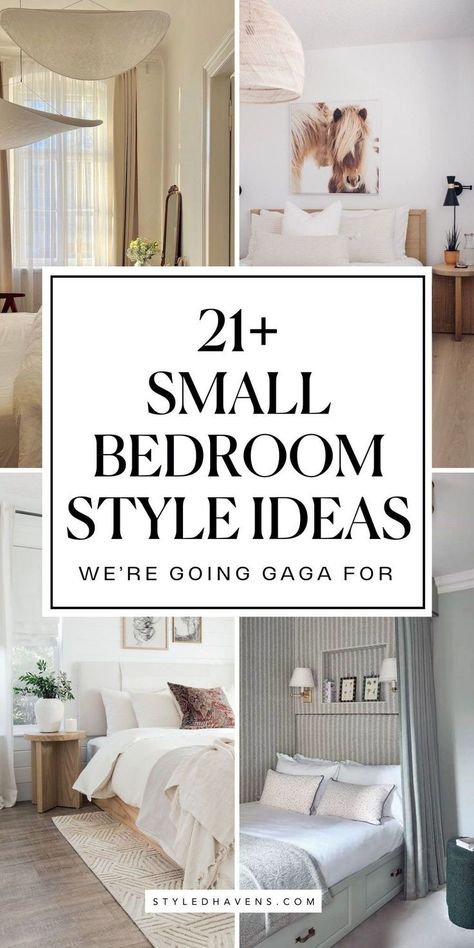 Searching for small bedroom ideas? Small bedroom style doesn't have to be boring - and these cozy bedroom spaces prove it. Whether you're planning a small bedroom room makeover or remodel or simply a bedroom refresh - these super cozy and modern small bedroom style ideas will have you swooning! (PIN this to your bedroom design board to come back to!) Super Small Guest Bedroom Ideas, How To Arrange A Small Bedroom Ideas, Original Bedroom Ideas, Modern Interior Design Small House, Decor Small Bedroom Ideas, Bedding Ideas Simple, What Furniture To Put In Bedroom, Small King Bedroom Ideas, Interior Design Guest Bedroom