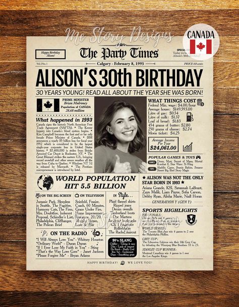 30th Birthday Newspaper Poster 1993 CANADA 30th Birthday - Etsy Canadian Facts, 30th Birthday Sign, 30th Birthday Gifts For Men, Birthday Newspaper, Newspaper Poster, 30th Birthday Decorations, 30th Birthday Gift, Vintage Newspaper, Journal Vintage