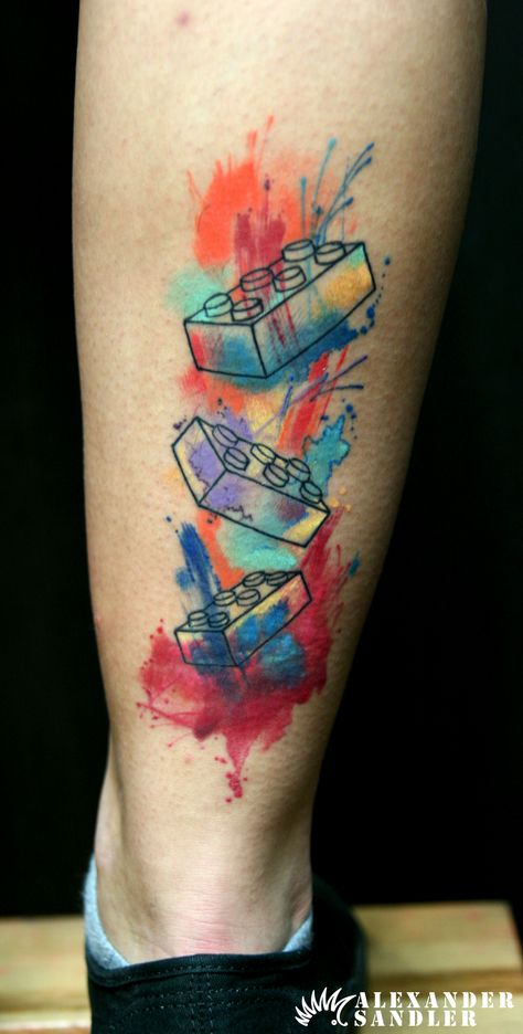 Abstract Lego tattoo by Alexander Sandler Lego Piece Tattoo, Lego Tattoo Ideas, Thomas Tattoo, Twins Tattoo, Lego Tattoo, Sam Tattoo, Berber Tattoo, Trash Polka Tattoo Designs, Twin Tattoos