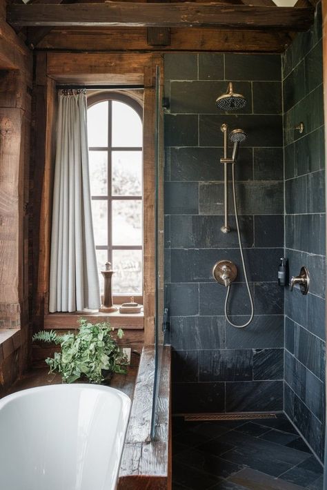 Old Cabin Bathroom, Black And Timber House, Rustic Elegant Bathroom Ideas, Cabin Bathroom Tile Ideas, Grey With Wood Bathroom, Moody Wood Bathroom, Log Home Bathrooms Rustic, Rustic Lake House Bathroom Ideas, Rustic Dark Bathroom