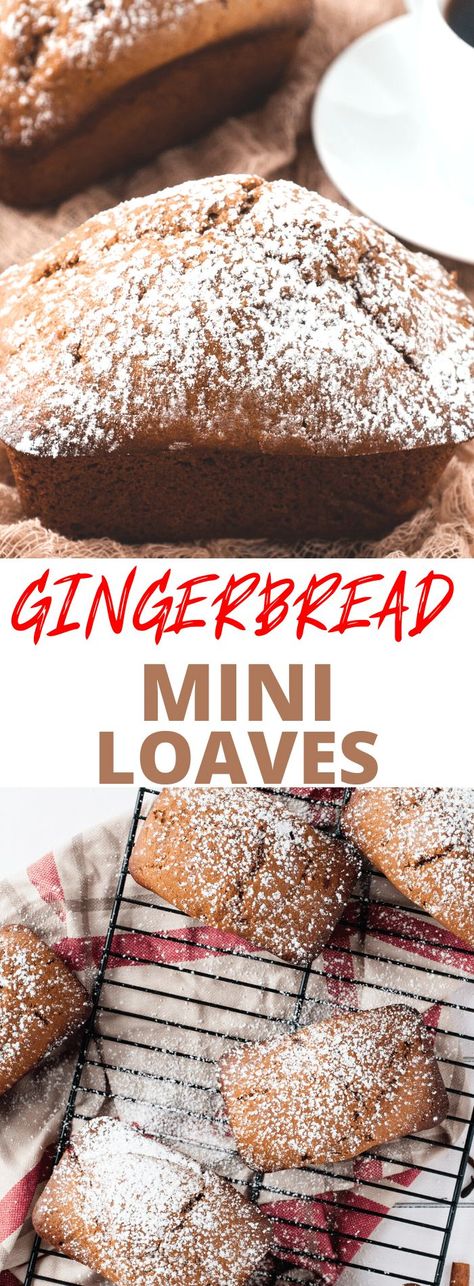 This Mini Gingerbread Loaf recipe is easy and delcious, perfect for the holidays. Great for gift giving, or keep them for yourself! Cake Mix Mini Loaves, Christmas Loaf Cakes Gift, Mini Loaves Recipes Gift Ideas, Christmas Bread Recipes Gift Ideas, Mini Bread Loaves Recipes Christmas, Mini Gingerbread Loaves, Mini Christmas Loaf Cakes, Mini Loaves Recipes, Mini Loaf Pan Recipes Christmas