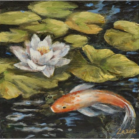 Contemporary Koi Fish Painting "Koi Joy #6" by Karen Zazon -  #contemporary #Fish #Joy #Karen #Koi #Painting #Zazon Lilly Pads Aesthetic, Koi Painting Watercolour, 1940s Paintings, Pond Paintings, Cottagecore Painting, Koi Fish Painting, Koi Painting, Koi Fish Drawing, 1940s Art